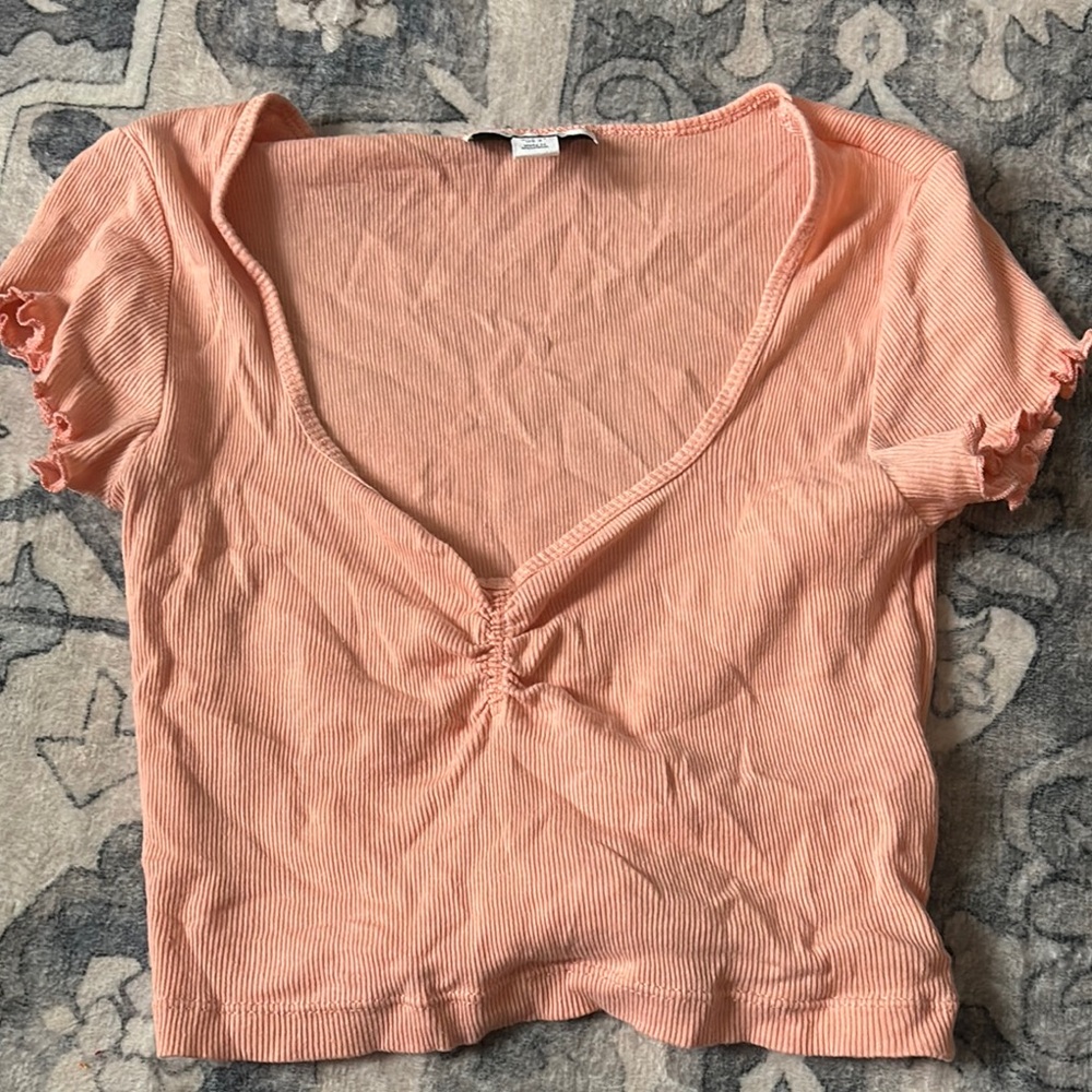Peach Ribbed V-Neck Top